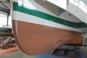 Close-up of a smooth Coppercoat finish on a boat bottom